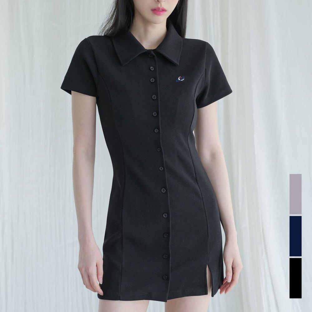 Avandress Slim Fit Mini Black Button-Front Short Sleeve Polo Feminine Dress Sz S
